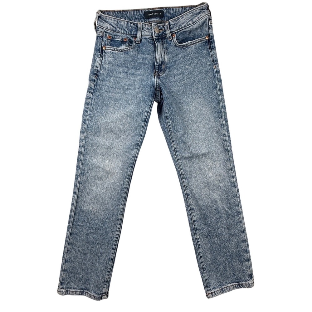 Aeropostale Womens Mid Rise Ankle Straight Jeans Acid Wash Blue Denim Size 28